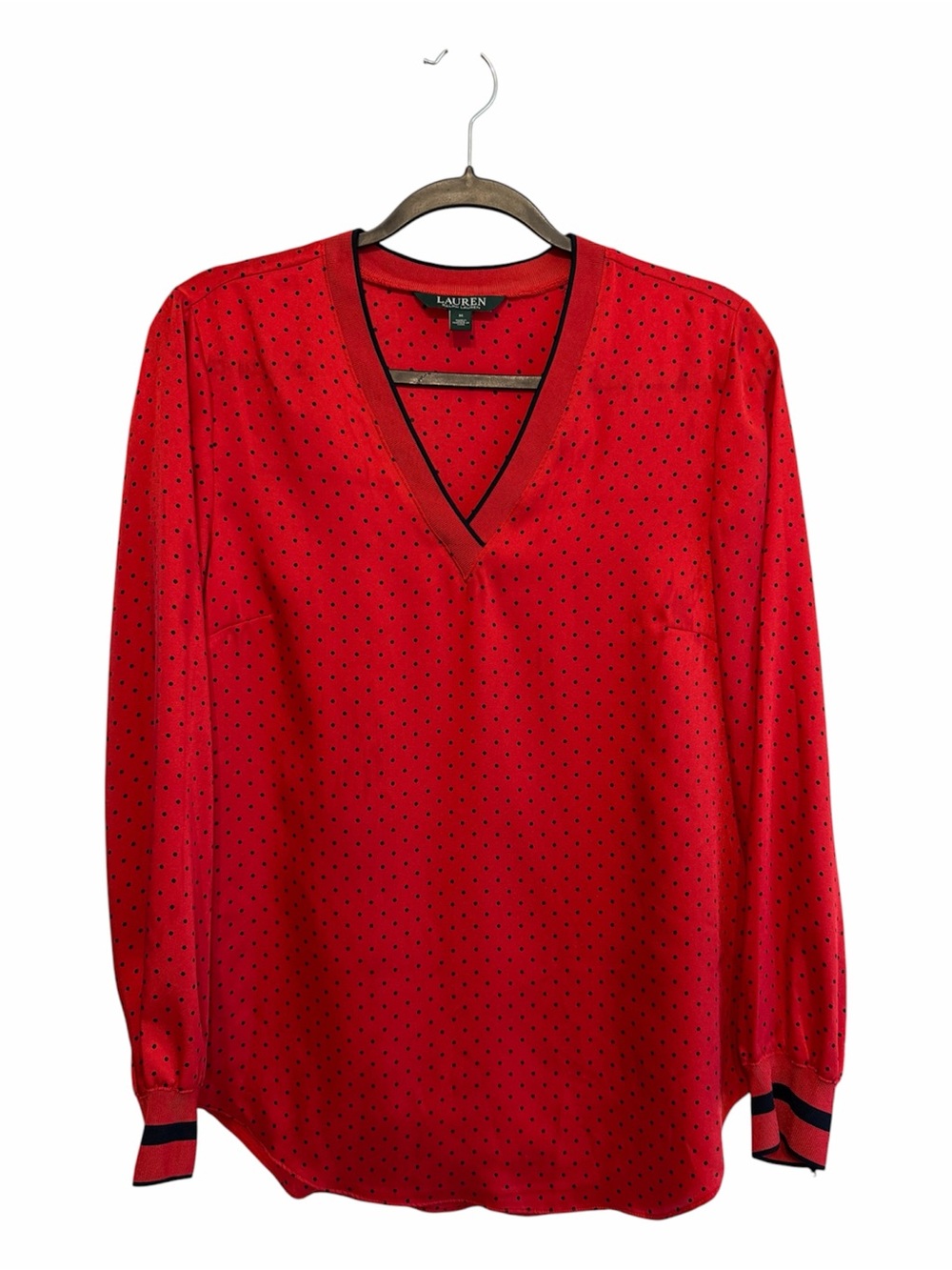 Lauren Ralph Lauren Red V-Neck Long-Sleeve Blouse with Navy Trim